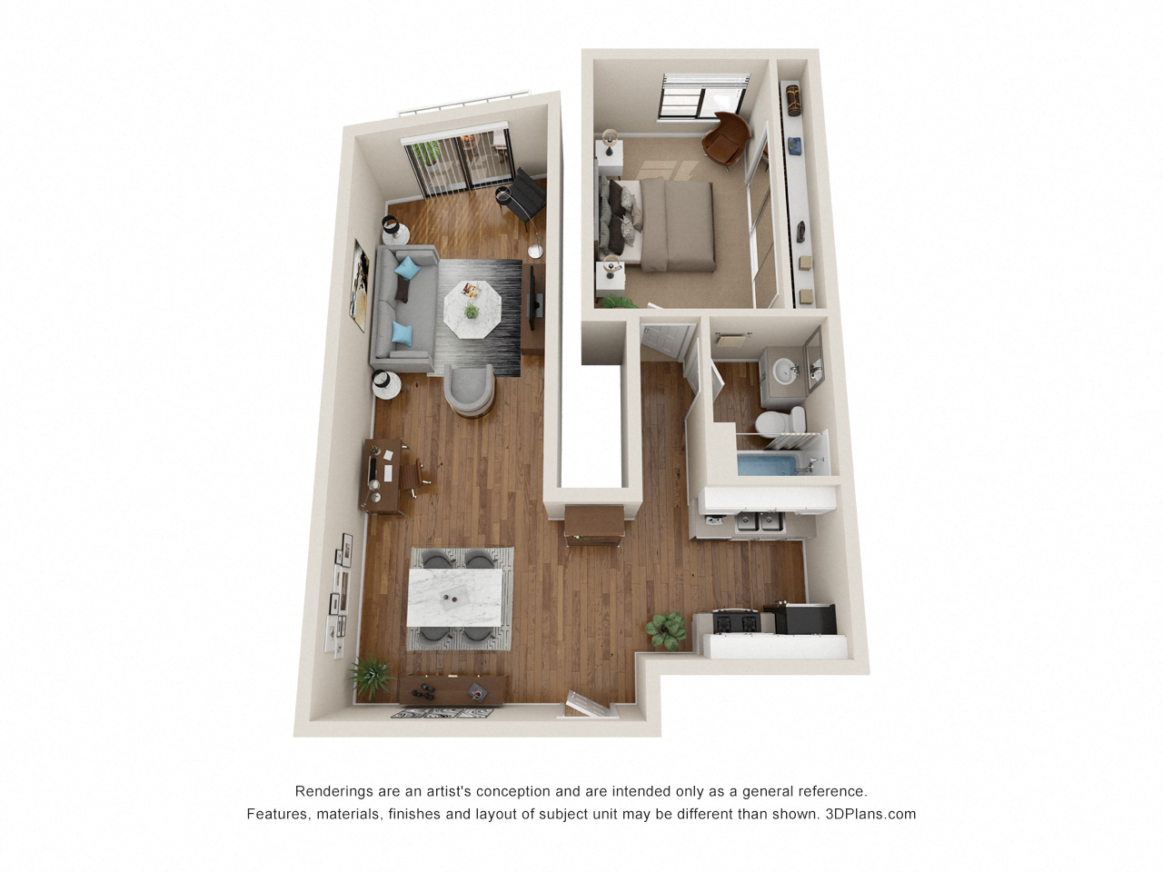 Floor plan for 1 bed, 1 bath, 664 sqft